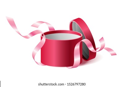 Red pink opened 3d realistic round gift box with flying off ribbons and place for your text, realistic box vector illustration