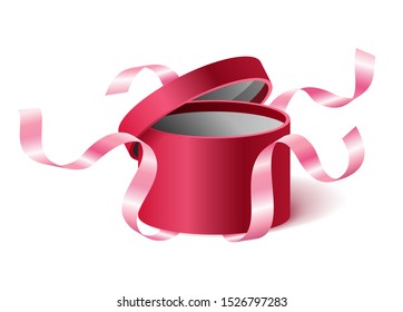 Red pink opened 3d realistic round gift box with flying off ribbons and place for your text, realistic box vector illustration