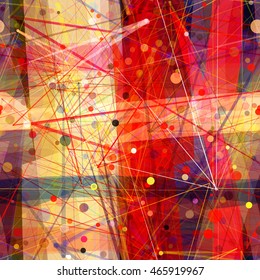 Red, pink, orange, black. Circles, stripes and thin straight lines. Polka dots. Abstract seamless vector background.