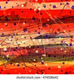 Red, pink, orange, black. Circles, stripes and thin straight lines.  Abstract seamless vector background.