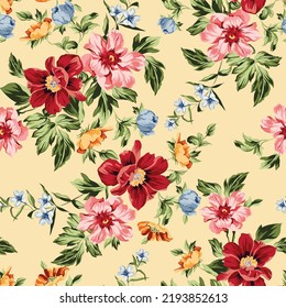 red pink orange and blue seamless vector flowers with green leaves pattern on yellow background