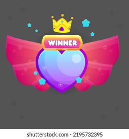 Red Pink Orange Fairy Fantasy Wings With Bubbles Winner Pop Up Game Ui Reward Badge Heart Crown Gold, Cute Colorful Cartoon Vector Design