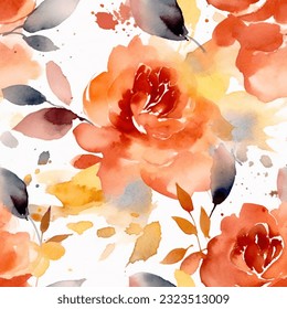 Red Pink Orange French Grey Roses Floral Watercolor Seamless Pattern Wallpaper Background Vector
