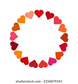 Red, pink, orange hearts circle border. Hearts round frame. Vector illustration. EPS 10.