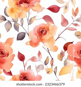 Red Pink Orange Terra Cotta Roses Floral Watercolor Seamless Pattern Wallpaper Background Vector
