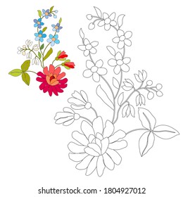 Red and pink peony,forget-me-nots,lilies of the valley,green foliage,stylized,hand-drawn black line on white background,coloring,use for coloring with watercolors,gouache,markers or pencils