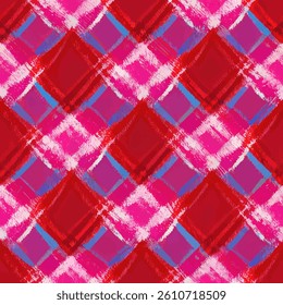 Red and pink plaid pattern with white brush strokes, grunge lines ikat pattern, striped seamless pattern, Vector illustration background for print the paper.