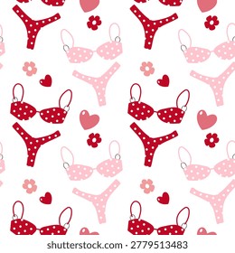 Red and pink polka dot bikini seamless pattern with hearts and flowers