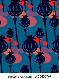 red pink poppies vector stylized modern seamless floral pattern design