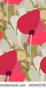 red pink poppies vector stylized modern seamless floral pattern design