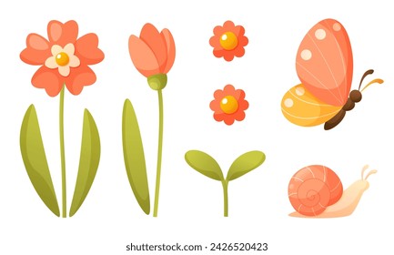 Red, pink poppy flower, green leaves, red butterfly and snail. Summer flowers and insects in cartoon style. Vector spring clip arts for the design of Easter cards, spring holidays, children s books.