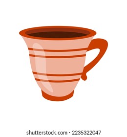 Red and pink porcelain coffee and tea cup illustration. Ceramic mug for matcha, different beverages and drinks with cute Scandinavian pattern flat vector. Crockery, kitchen, cafe concept