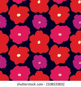 Red Pink Purple Vector large fluffy flowers seamless design. Perfect for fashion, textiles, wallpaper, stationary, wrapping paper, digital paper and more uses. 