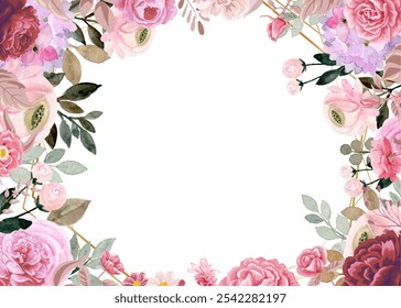 red pink purple watercolor flower frame background for design template
