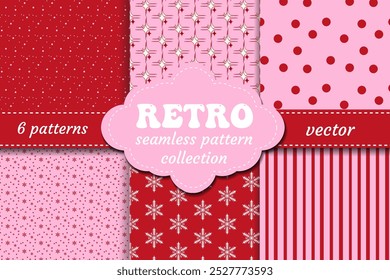 Red and pink retro coquette christmas seamless pattern set with cute snowflakes and polka dots. Vector