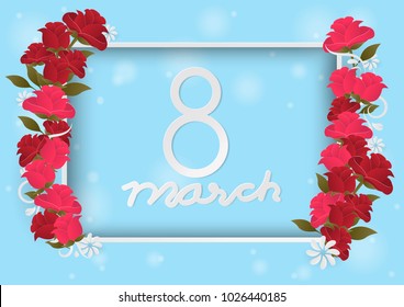 red and pink rose with floral with white frame on blue background.digital craft.vector.paper art and craft style.