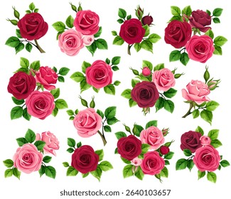 Red and pink rose flowers. Set of vector design elements with red and pink rose flowers and green leaves isolated on a white background. Hand-drawn illustration, not AI
