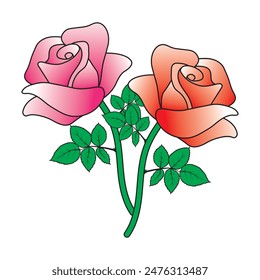 Rosa roja y rosa con hoja verde aislado sobre fondo blanco. Vector de flores de rosa, conjunto de iconos. Día de la rosa y tarjeta de felicitación de San Valentín. Ilustración vectorial.
