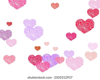 Red pink and rose scatter paper hearts confetti.  Creative romantic backdrop