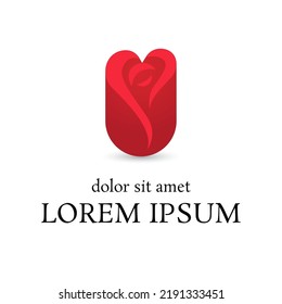 plantilla de diseño del logotipo del vector rosa rosa rojo, icono cardíaco, signo abstracto floral de curva, ilustración vectorial