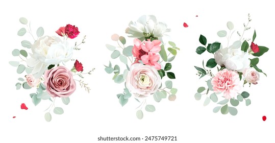 Red and pink rose, white peony, blush pink ranunculus, eucalyptus, green hydrangea, sage greenery vector design wedding spring bouquets. Floral summer watercolor. Elements are isolated and editable