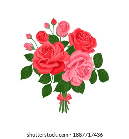 Red and pink roses bouquet isolated on white background. Vector illustration of beautiful flowers and green leaves in cartoon flat style.