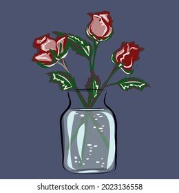 Red and pink roses in a glass or clay vase. Decoration of the interior with plants. Home Comfort. Nature, Flowers. Isolated vector objects.