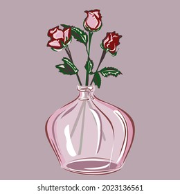 Red and pink roses in a glass or clay vase. Decoration of the interior with plants. Home Comfort. Nature, Flowers. Isolated vector objects.