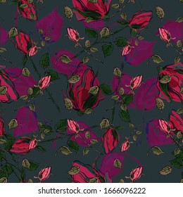 Red and pink roses, green and  
fuchsia leaves, thorns. Vector illustration on a grey background. Seamless pattern. 