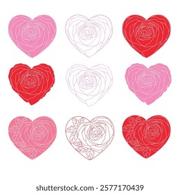 Red and pink roses as heart, vector illustration. Vector graphic illustration of a red and pink hearts with pink and red roses . Suitable for Valentine card, sticker, t-shirt design,  design element