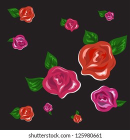 Red and pink roses with petals on a black background.