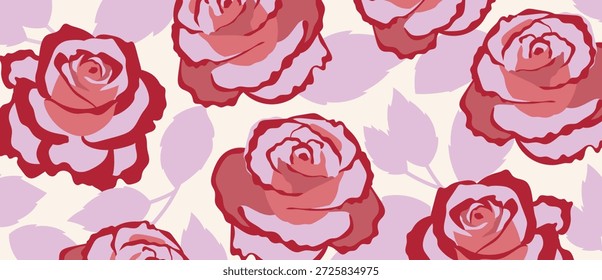 Patrón floral transparente de Vector de rosas rojas y rosadas con fondo de lavanda claro, pétalos suaves, ramo romántico. Diseño fresco del fondo del verano de la primavera para el Fondo de pantalla, tela, envoltura, Web.