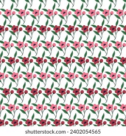 red and pink seamless floral vector small flowers with green leaves border pattern of white