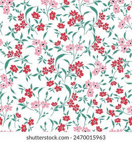Vector floral sin costuras rojo y rosa Pequeñas flores con patrón de hojas verdes de blanco