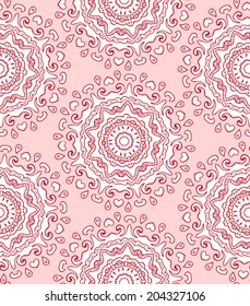 red and pink seamless pattern - circular mandala doodle style.
