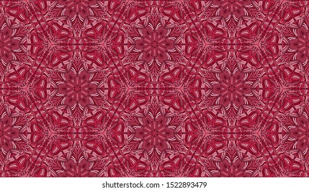 Red pink seamless pattern. Six-sided figures. Cell order. Snowflakes.