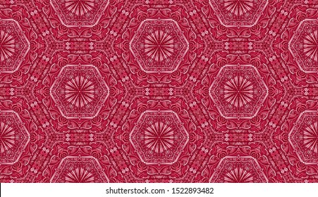 Red pink seamless pattern. Six-sided figures. Cell order. Snowflakes.