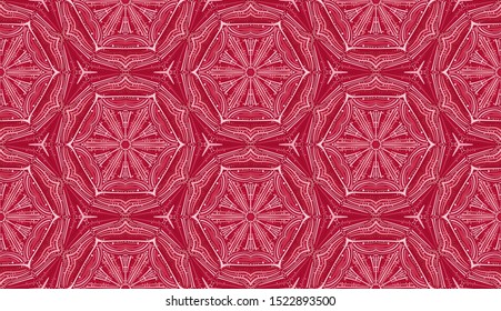 Red pink seamless pattern. Six-sided figures. Cell order. Snowflakes.