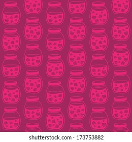 Red Pink seamless pattern with the Strawberry jam jars. Plain shadeless background with Strawberries for decoration or background.
