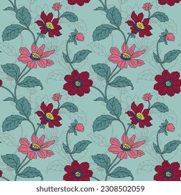 red and pink seamless vector stock flowers with leaf pattern on green background