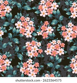 vermelho e rosa sem emenda vetor estoque pequenas flores com padrão de folhas verdes sobre fundo preto e cinza
