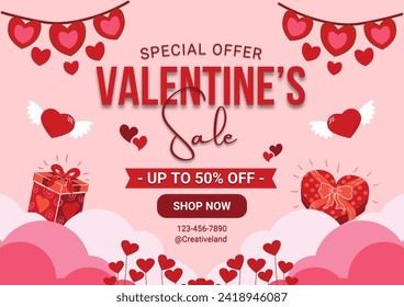Red and Pink Simple Valentine's Sale Poster (A3 Landscape) happy valentine day UP TO 50%off 
