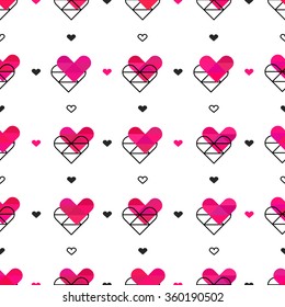 Red and pink small hearts. Seamless pattern on white background. Fashion graphics wallpaper. Stylish Wedding or Valentine day print concept. Vector illustration for romantic nostalgia design