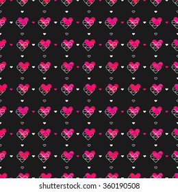 Red and pink small hearts. Seamless pattern on black background. Fashion graphic wallpaper. Stylish Wedding or Valentine day print concept. Vector illustration for romantic nostalgia design