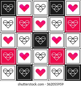 Red and pink small hearts. Seamless pattern on white background. Fashion graphics wallpaper. Stylish Wedding or Valentine day print concept. Vector illustration for romantic nostalgia design