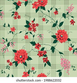 red and pink small vector flowers with green leaves pattern on green stripe background