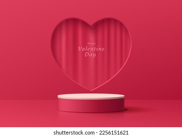 Red pink stand product podium valentine 3D background with curtain in heart shape window. Minimal wall scene mockup product cylinder stage showcase, Promotion display. Abstract vector geometric forms.