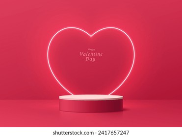 Red pink stand product podium valentine 3D background with glow neon light in heart shape. Minimal wall scene mockup product cylinder stage showcase, Promotion display. Abstract vector geometric forms