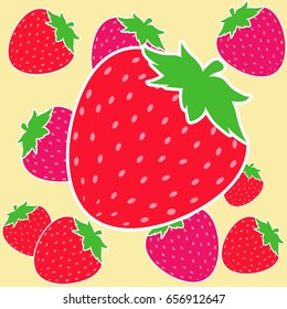 Red and pink strawberries, green leaves yellow background