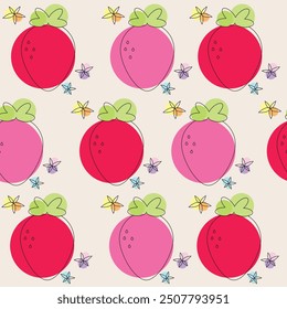 Red and pink strawberry with flowers. fruit icons. pattern seamless background design. vector illustration.